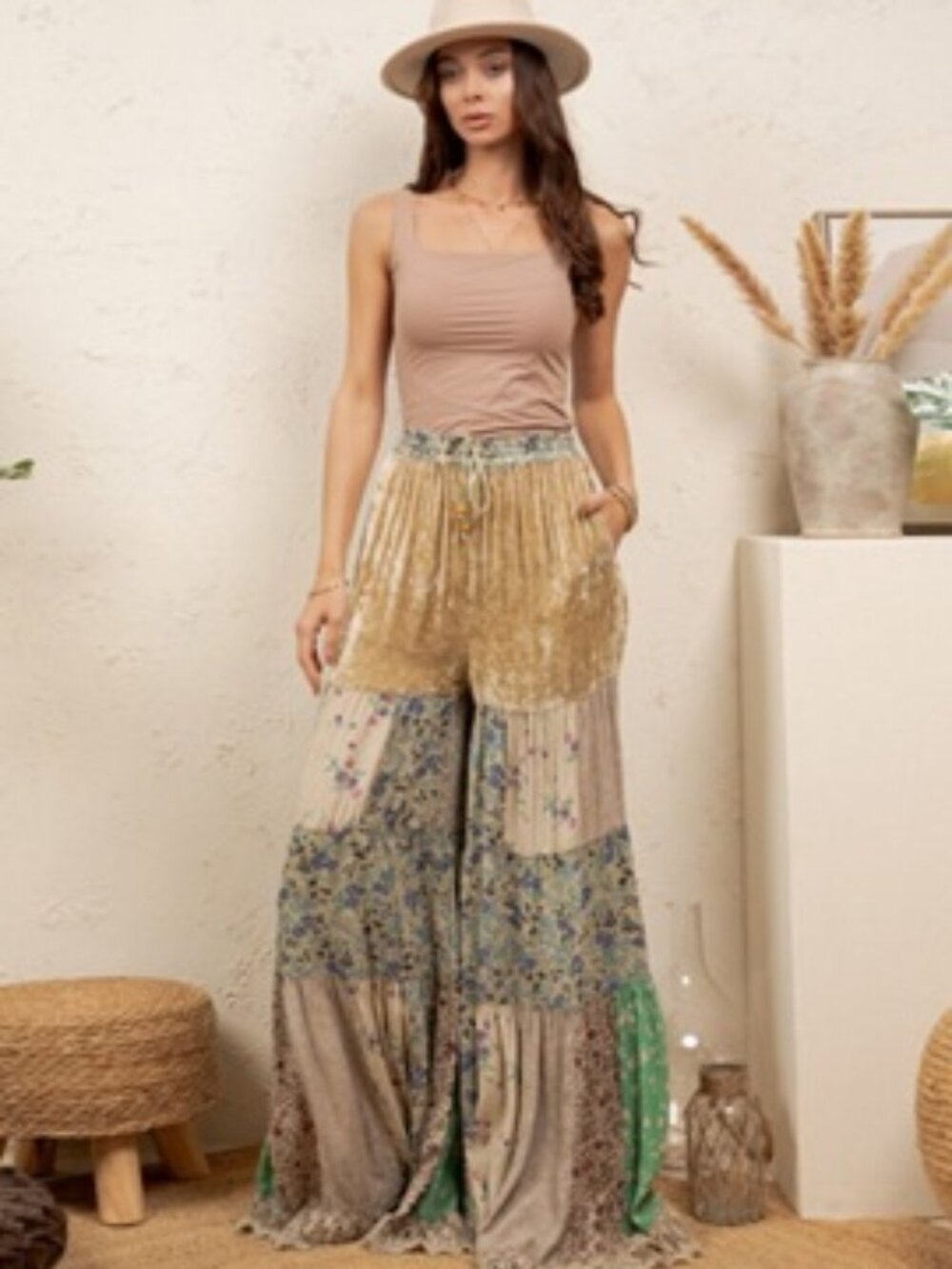 BOHO TIERED PATCHWORK FLARE VELVET PANTS-VELVET DRAWSTRING WAIST-FALL DROP